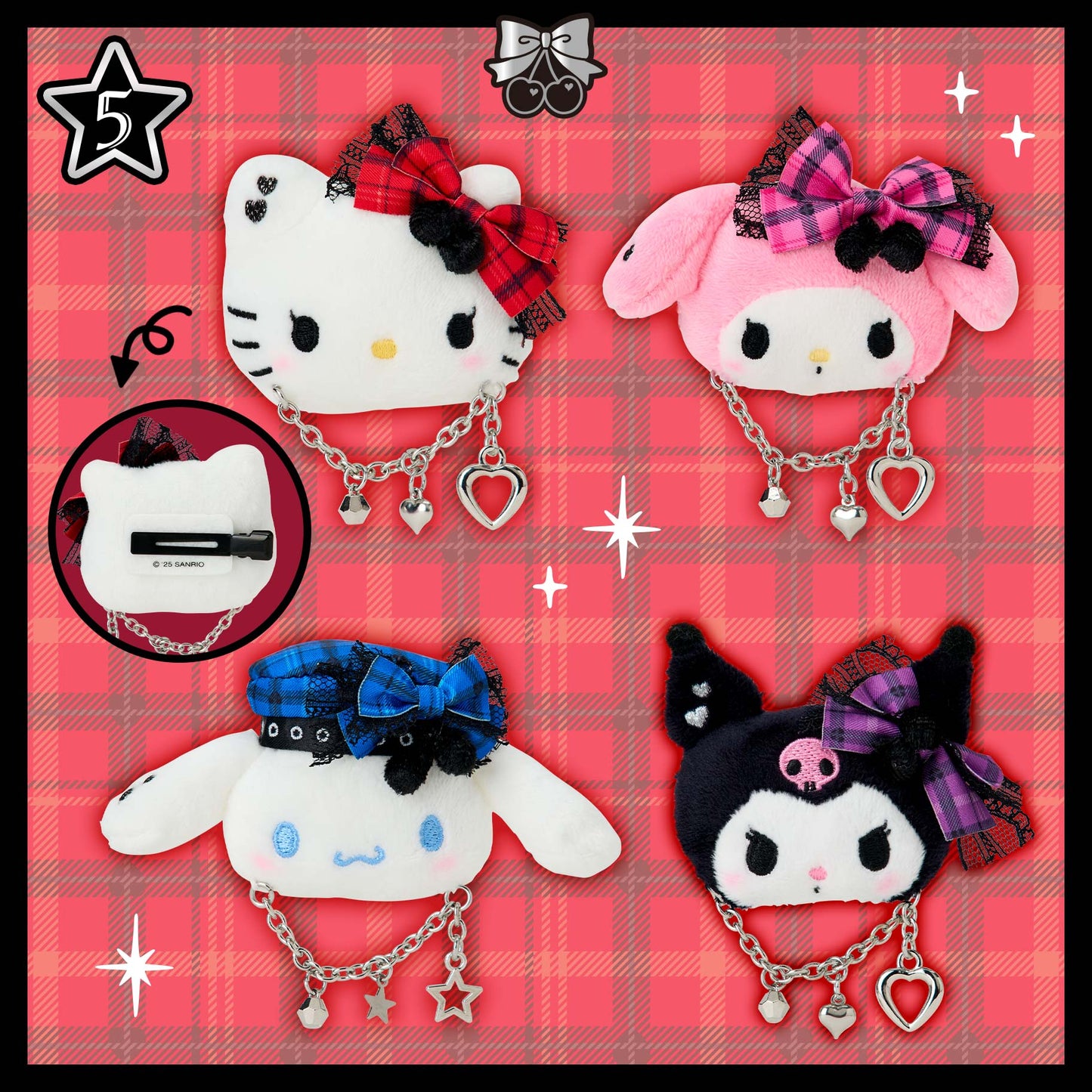 Sanrio Face-shaped Hair Clips (Sweet Rock 'n' Check)