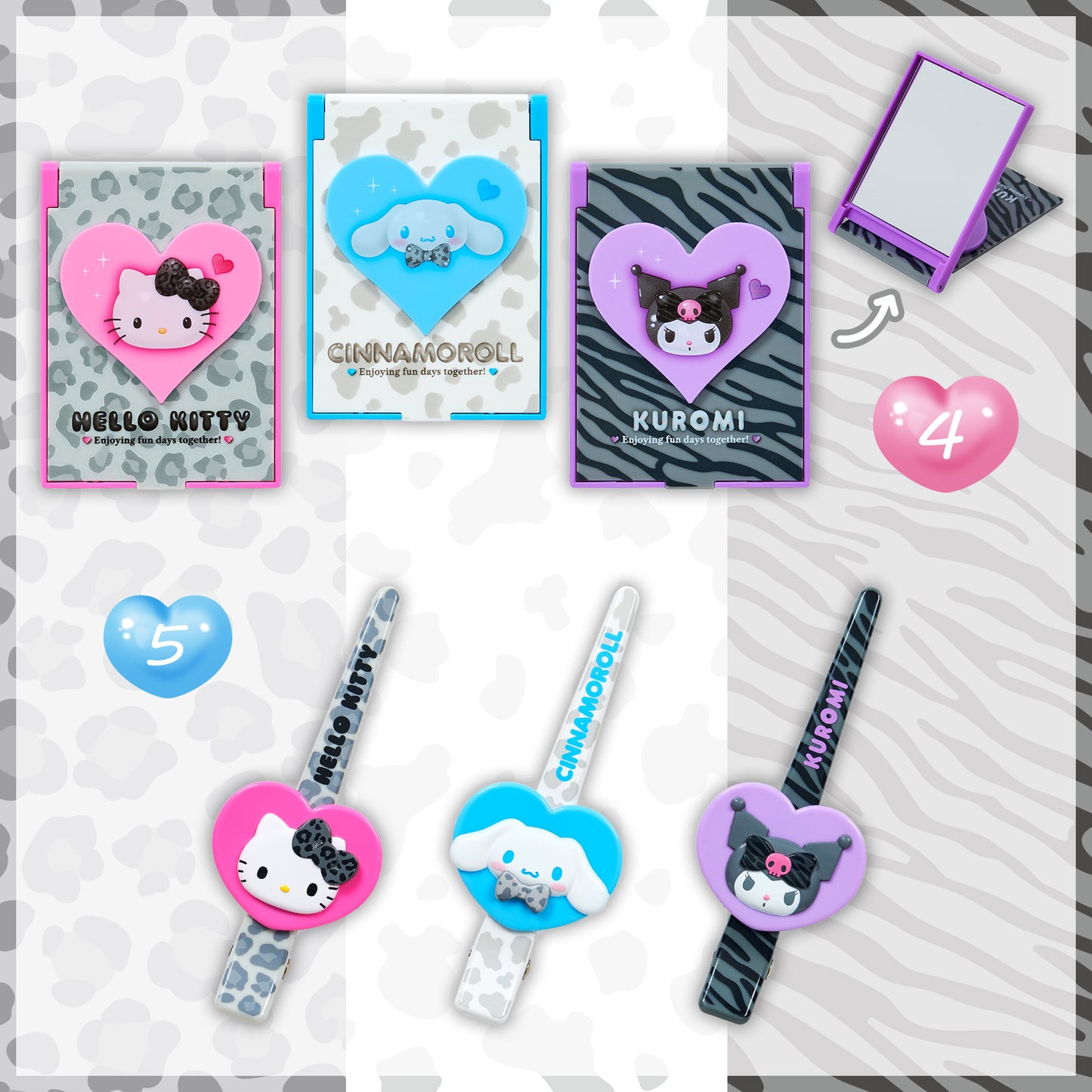 Sanrio Characters Mirror / Hair Clips (Monotone Animal)